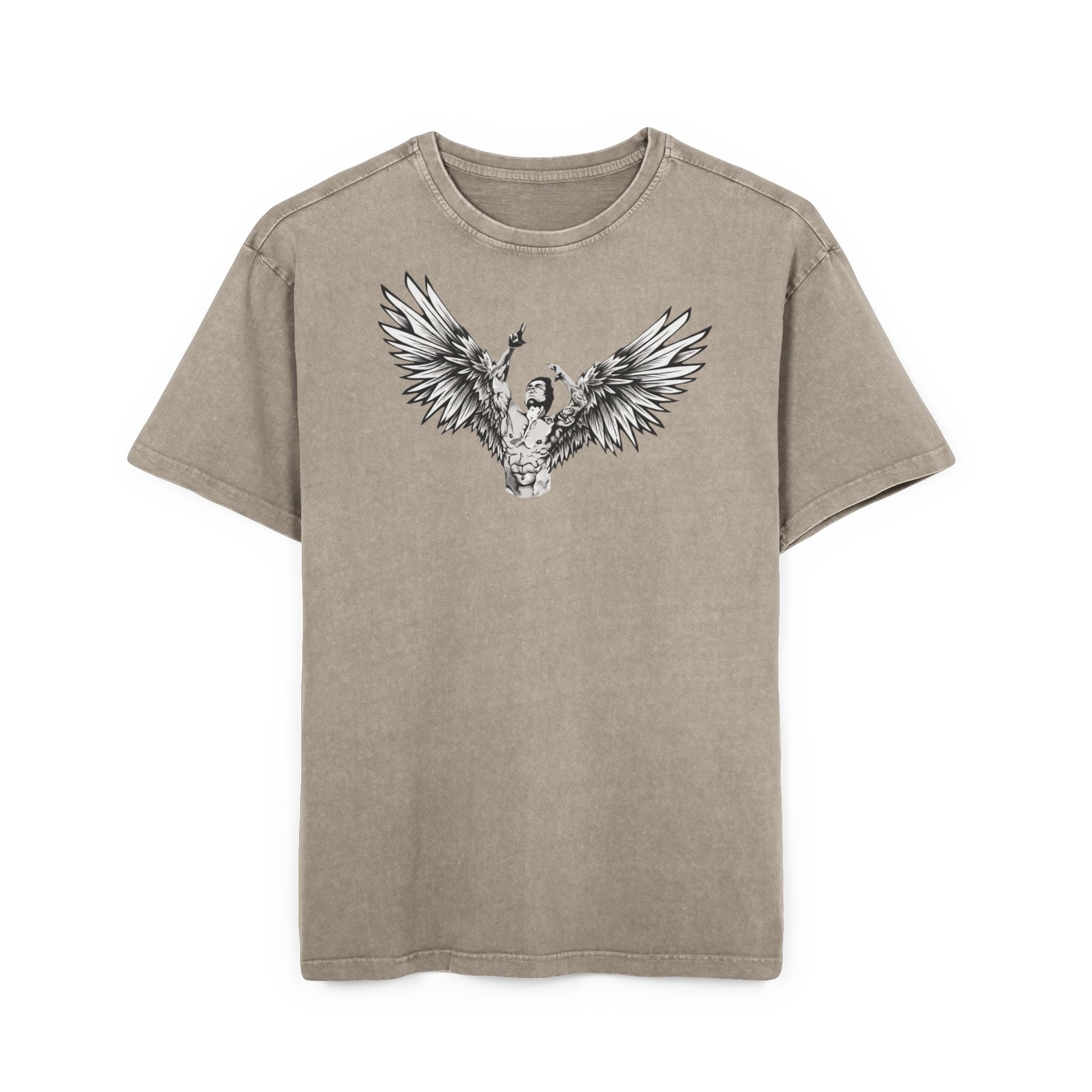 Khaki Mens Oversize Tee — Zyzz Pump Cover Angel Wings Graphic "We're All Gonna Make It Brah"