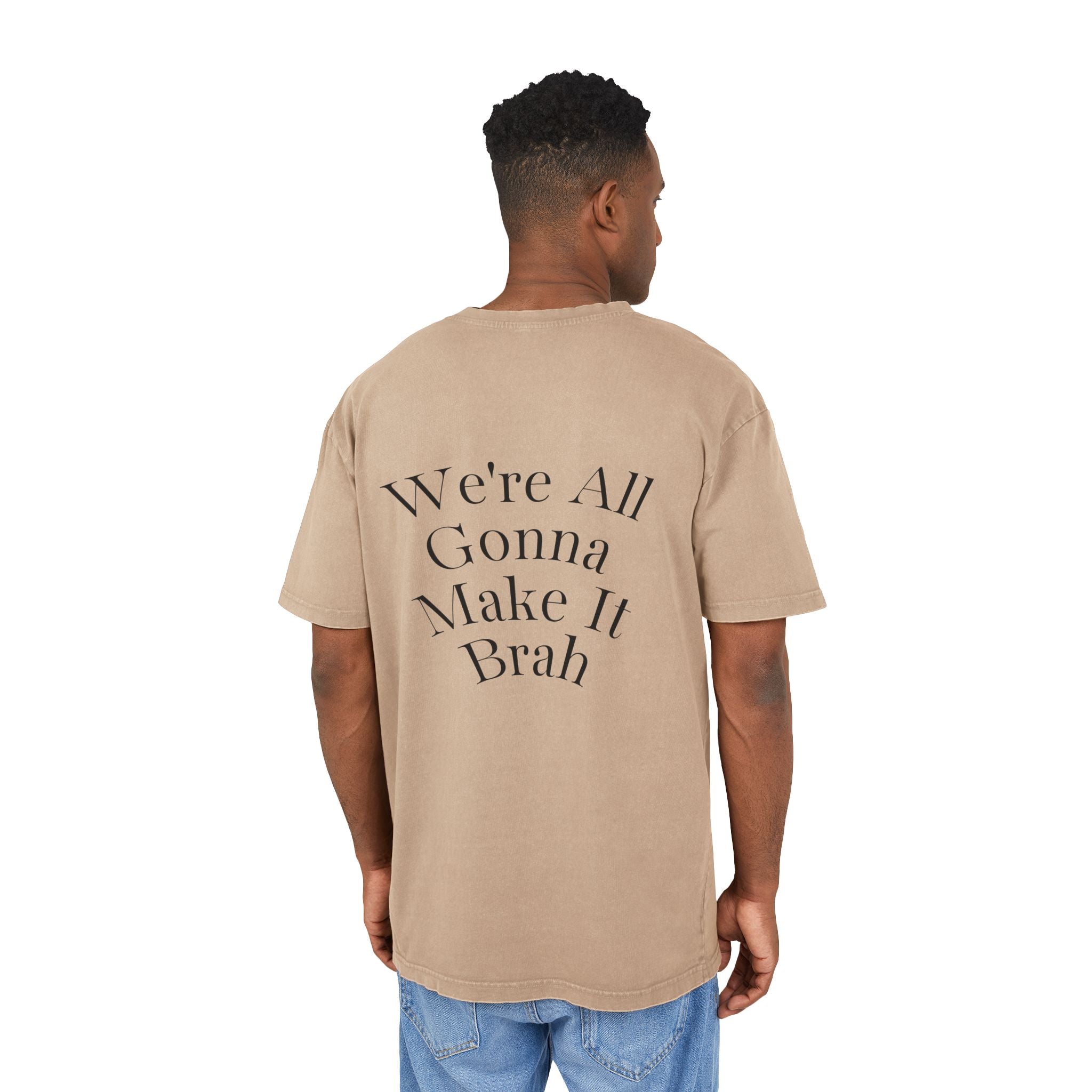 Beige Mens Oversize Tee — Zyzz Pump Cover Angel Wings Graphic "We're All Gonna Make It Brah"