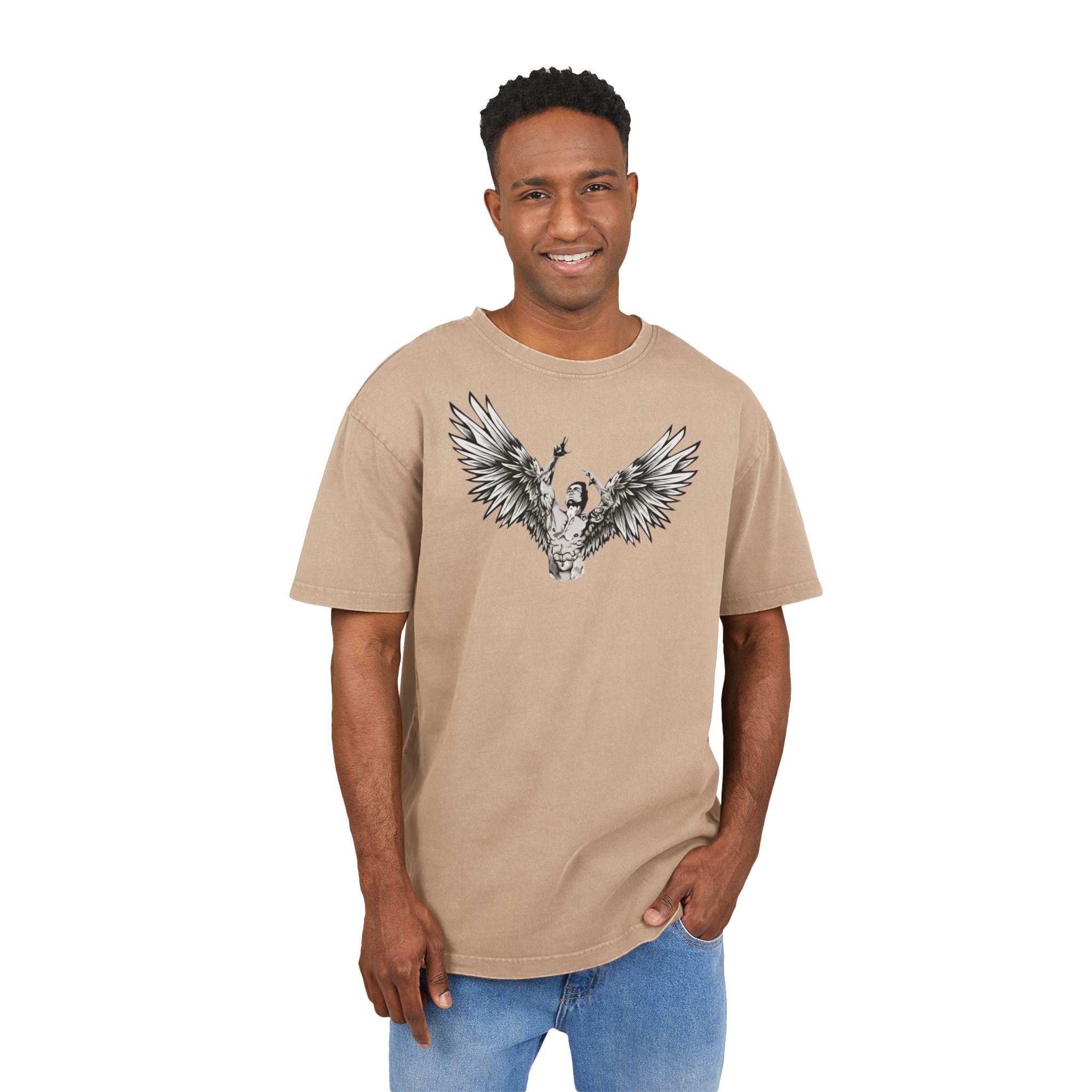 Beige Mens Oversize Tee — Zyzz Pump Cover Angel Wings Graphic "We're All Gonna Make It Brah"